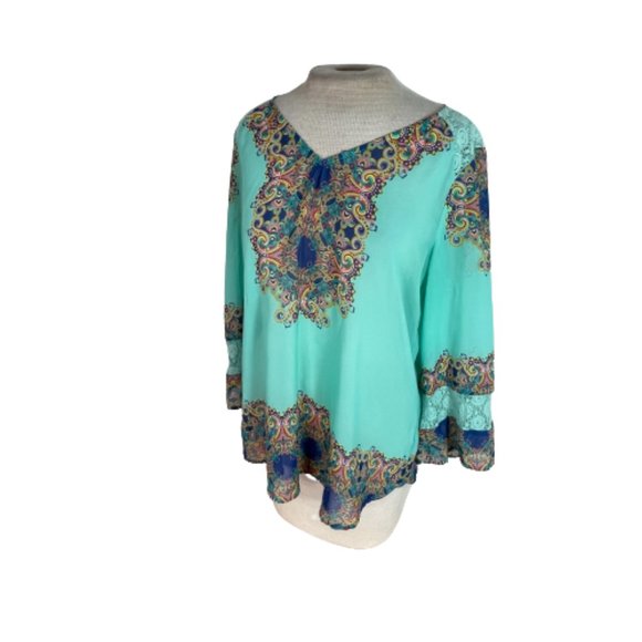fig and flower Tops - Fig and Flower Boho Bohemian Sheer Top Shirt Blouse Aqua Green Blue M Medium